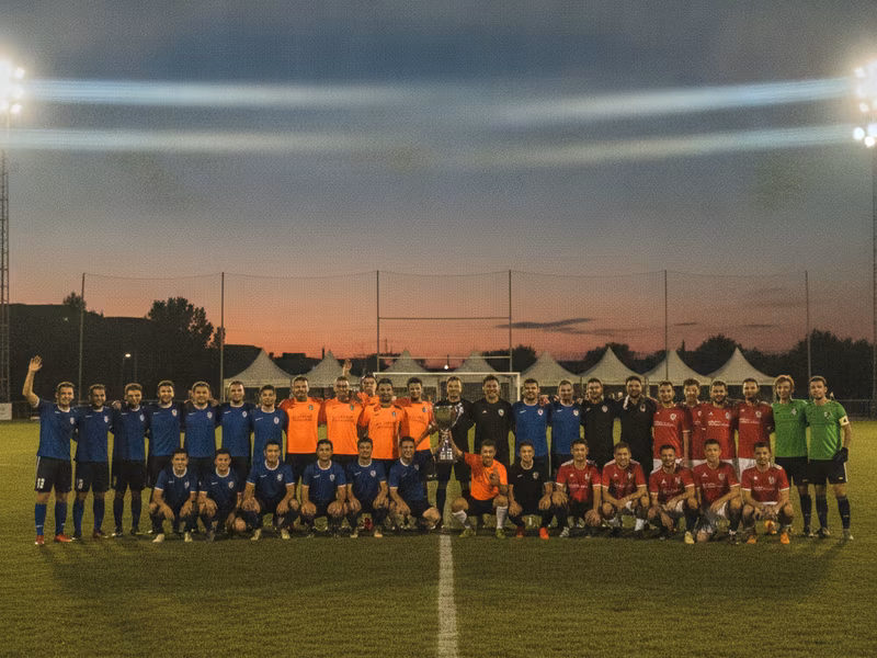 Csapatok közös fotója a torna zárásán, alkonyatkor